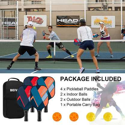Fiberglass Pickleball Paddle Set - 4-Player Kit with 4 Pickle Balls & Portable Carry Bag - Lightweight Design for Indoor/Outdoor Play (Beginner to Advanced)