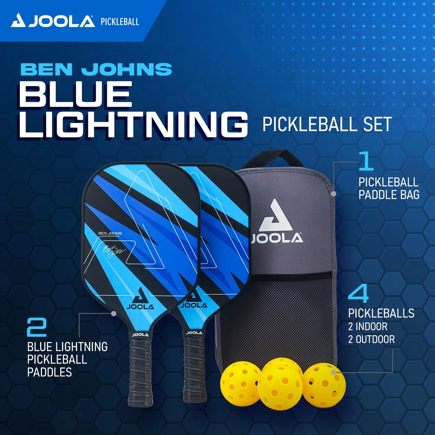 Ben Johns Blue Lightning Pickleball Set, 2 Fiberglass Paddles with Honeycomb Core, Paddle Bag, 4 Balls